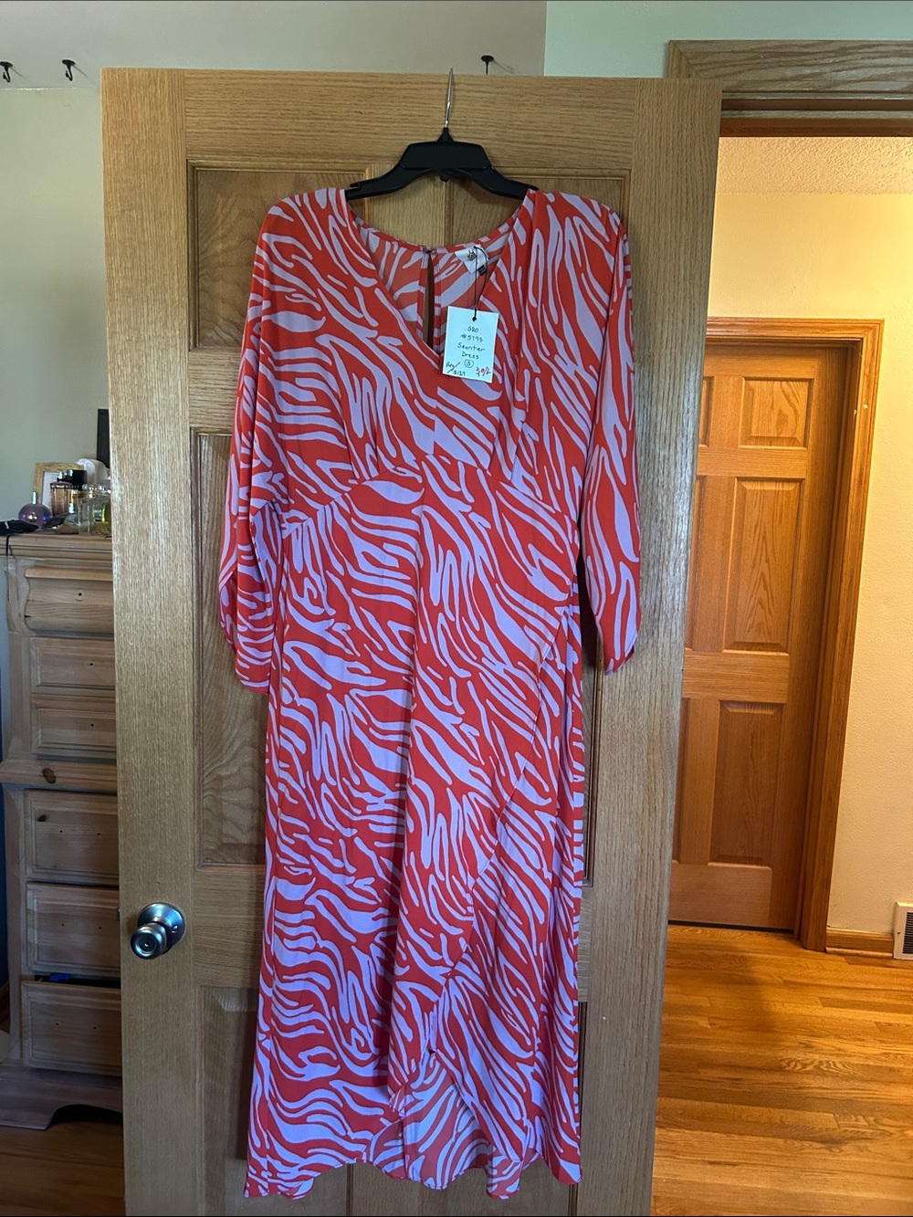 CAbi Coral and White Zebra-Print Maxi Dress